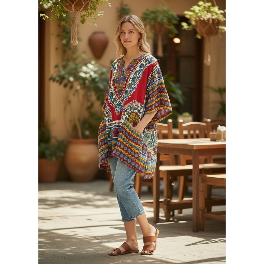 Funky People Dashiki Tunic Top Colorful Eclectic Chic Boho Pockets Womens Medium